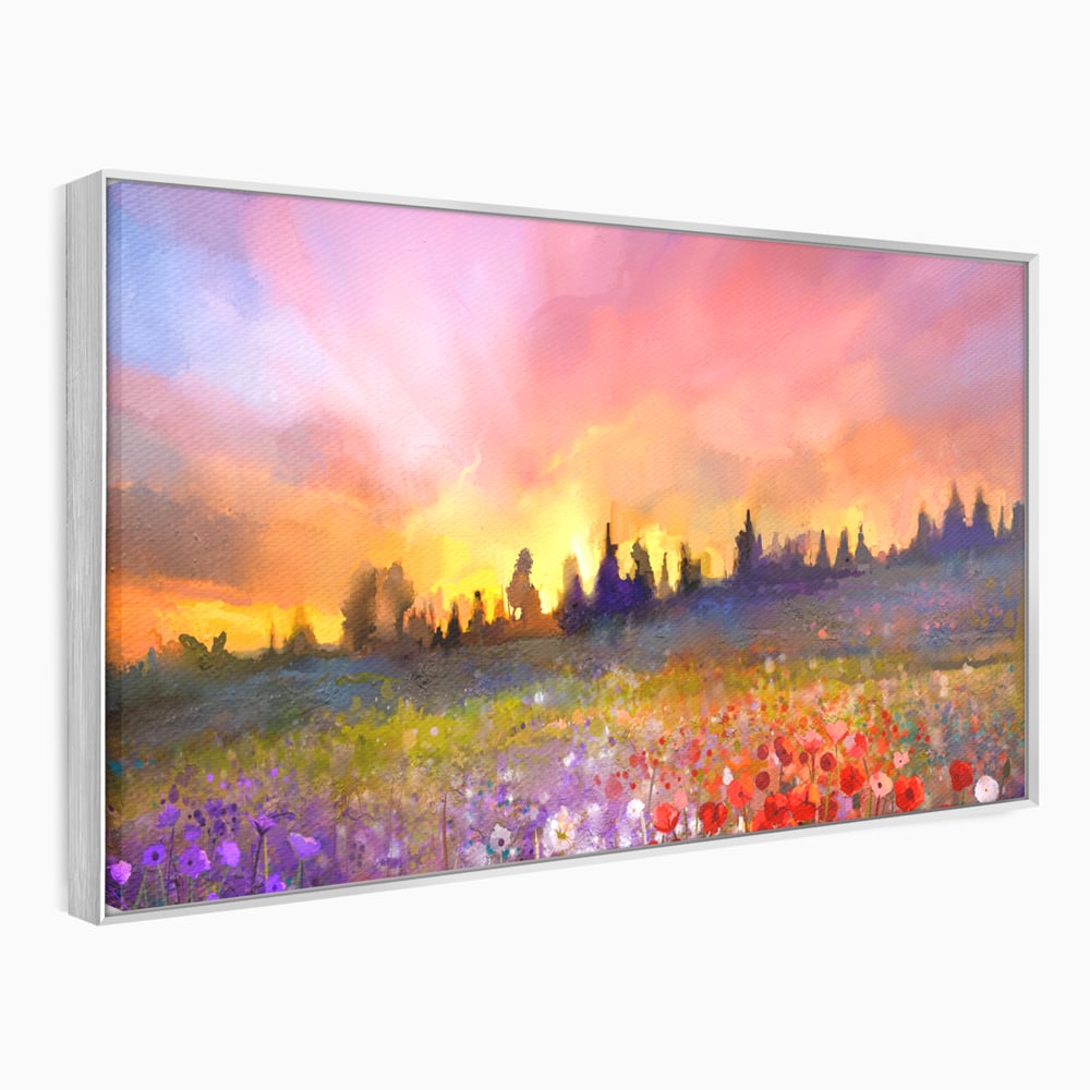 Tablou canvas cu tablou canvas cu camp cu flori si apus, in rama de aluminiu argintiu